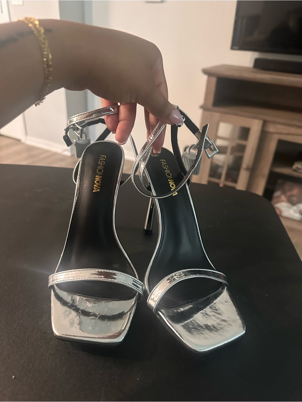 Fashion Nova Silver Metallic Strappy Stiletto Sandals
